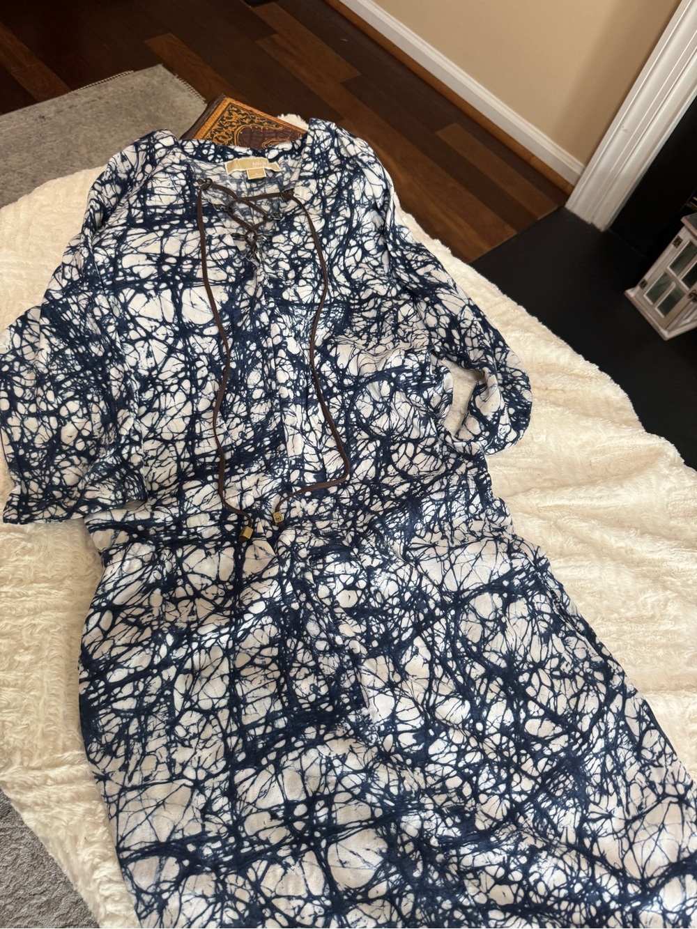 Michael Kors Navy and White Tie-Front Midi Dress